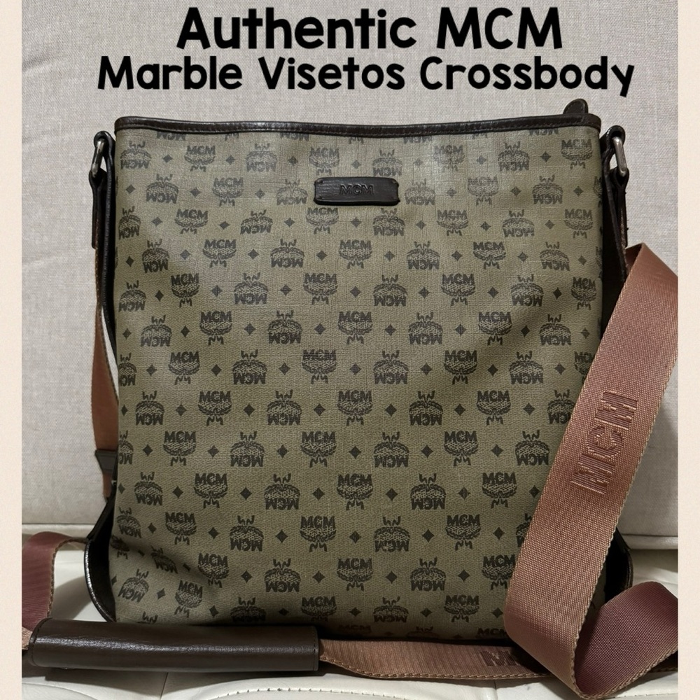 Gorgeous EUC- MCM Marble Visetos Crossbody-Tan/Brown Coated Canvas-Leather Trim